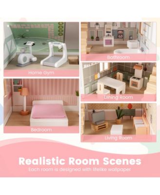 Kids Wooden Dollhouse 3 Level with Double-Sided Roofs and Doors