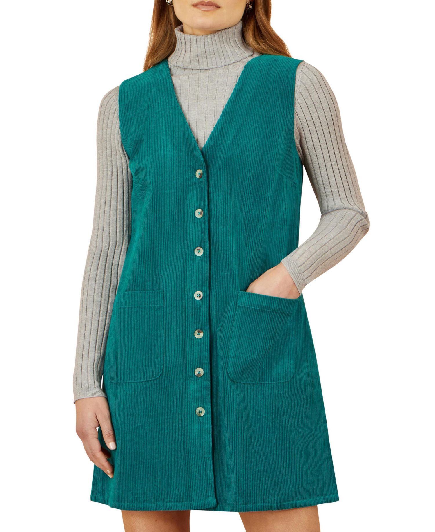 Women's V-Neck Cord Pinafore Dress