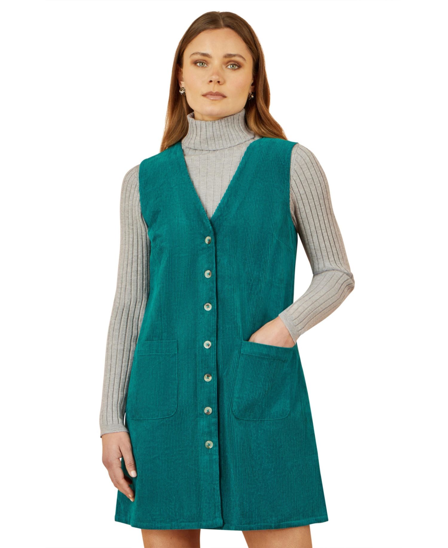 Women's V-Neck Cord Pinafore Dress