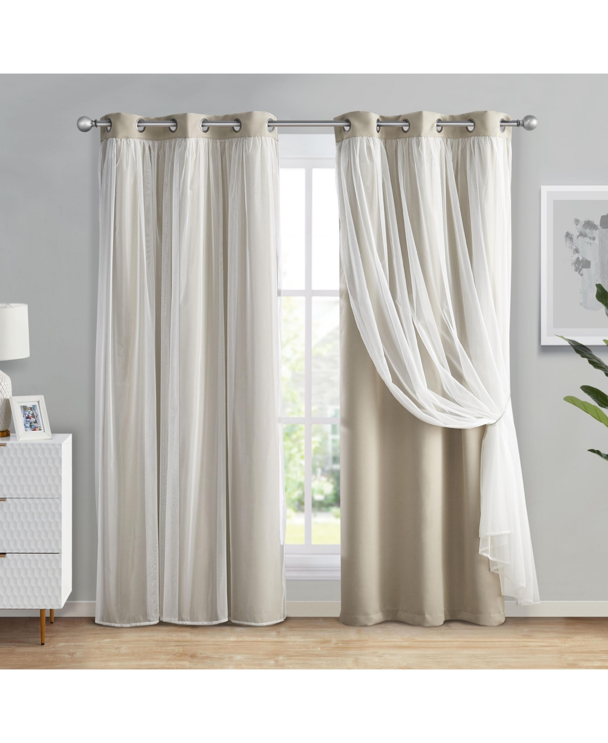 Kate Aurora Basic Elegance 2 Pack Double Layered Hotel Chic Sheer Light Defusing Curtains - 38 in. W x 63 in. L, Taupe