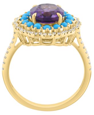Diamond (1/3 ct. t.w.), Amethyst (2-1/2 ct .t.w.), and Turquoise Ring in 14k Yellow Gold