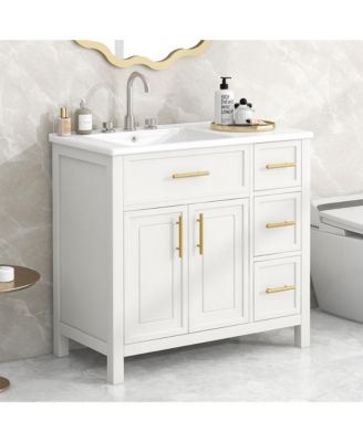 36" Solid Wood and MDF Bathroom Vanity with Sink Top, Cabinet Doors and Drawers