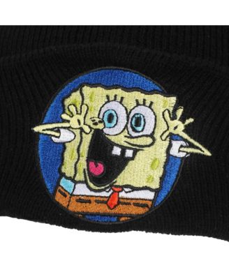 Men's Spongebob Square Pants Embroidered Circle Character Patch On Black Cuff Beanie
