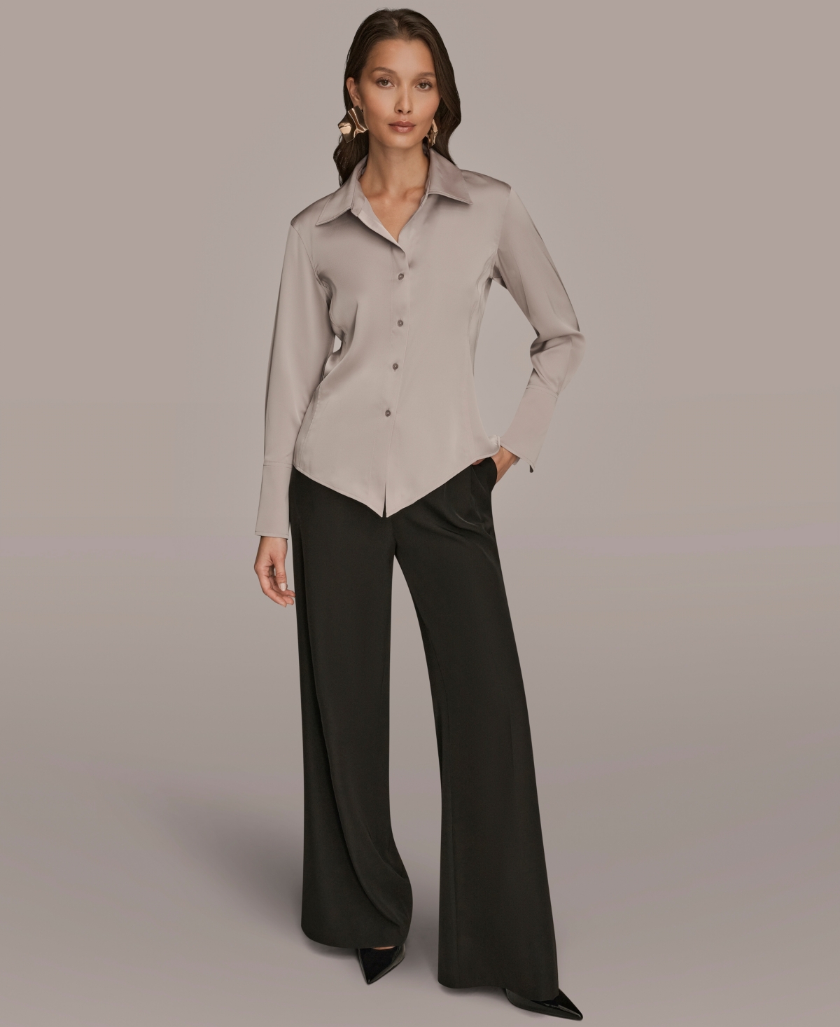 Donna Karan Women's Collared Long Sleeve Top In Gray