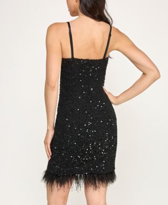 Juniors' Sleeveless Sequin Mini Dress with Faux Feather Trim