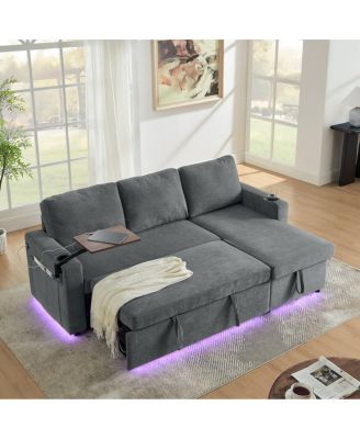 Maison Boucle Modern Chenille Upholstered Wood Pull-Out Sleeper with LED Lights, USB Ports & Cup Holders Sofa Bed