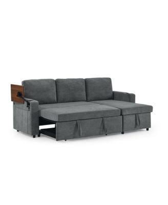 Maison Boucle Modern Chenille Upholstered Wood Pull-Out Sleeper with LED Lights, USB Ports & Cup Holders Sofa Bed