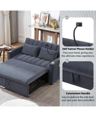 55.9" Pull Out Sofa Bed with USB Ports, Cup Holders & Side Pockets, Adjustable Backrest Convertible Sleeper for Small Spaces-Maison Boucle