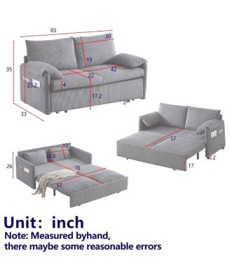 64.5 Inch 3-in-1 Corduroy Pull-Out Sleeper Sofa, Adjustable Loveseat Bed with Storage Pockets & 2 Pillows