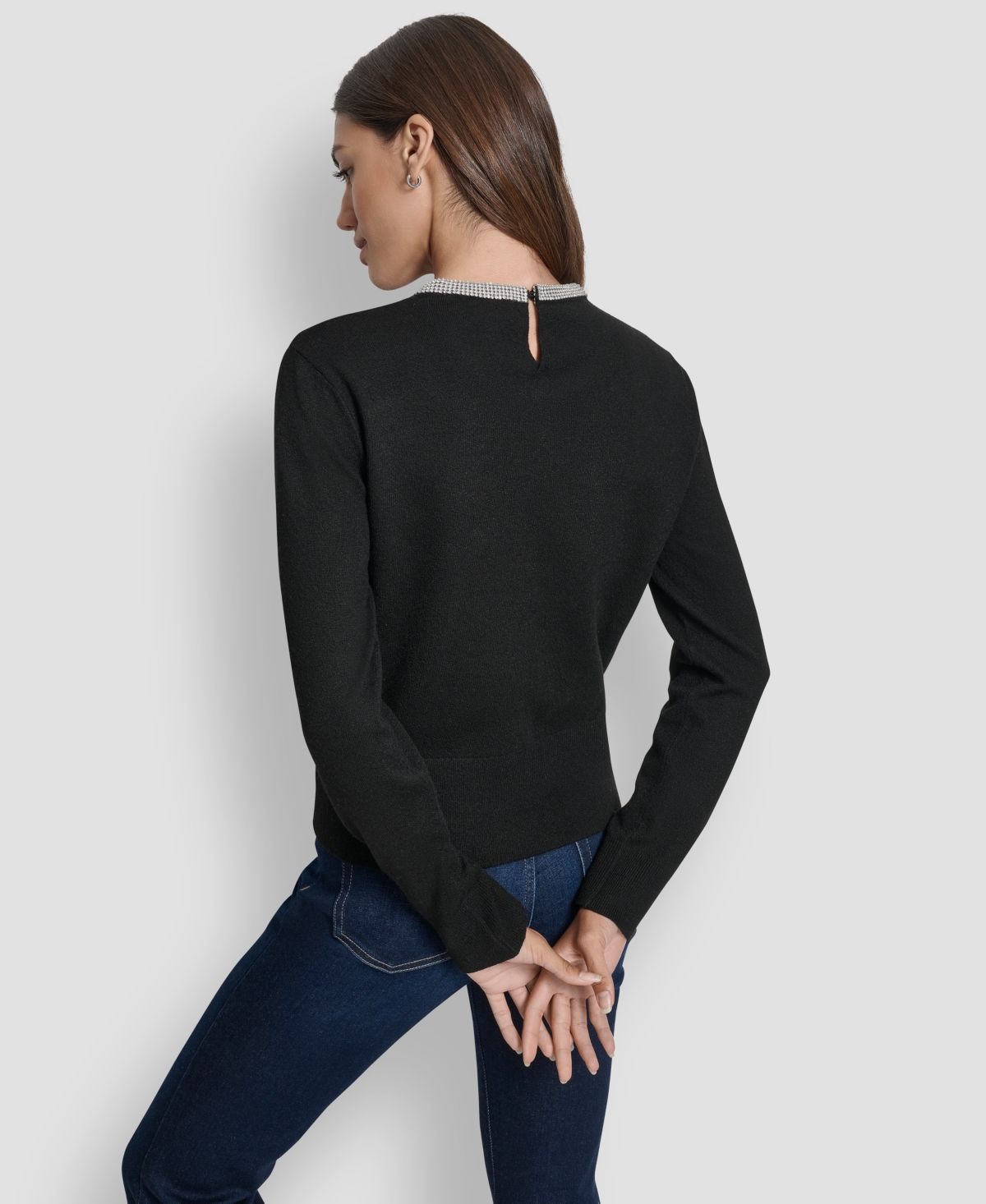 Dkny Jeans Petite Embellished Trim Sweater Top In Black