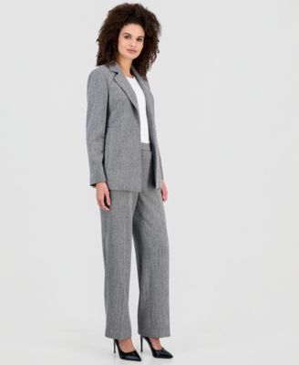 Anne Klein Womens Herringbone Open Front Blazer Herringbone Wide Leg Pants In Gray