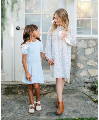 Little and Big Girls' Organic Long Sleeve Ruffle Neck Smocked Yoke Dress