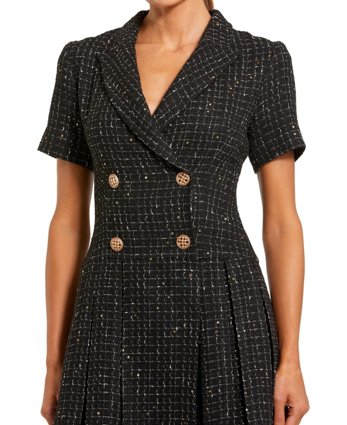 Mac Duggal Women's Short Sleeve V Neck Tweed Blazer Mini Dress