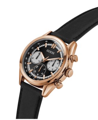 Men's Rose Gold-Tone Black Leather Multi-Function Watch, 44mm