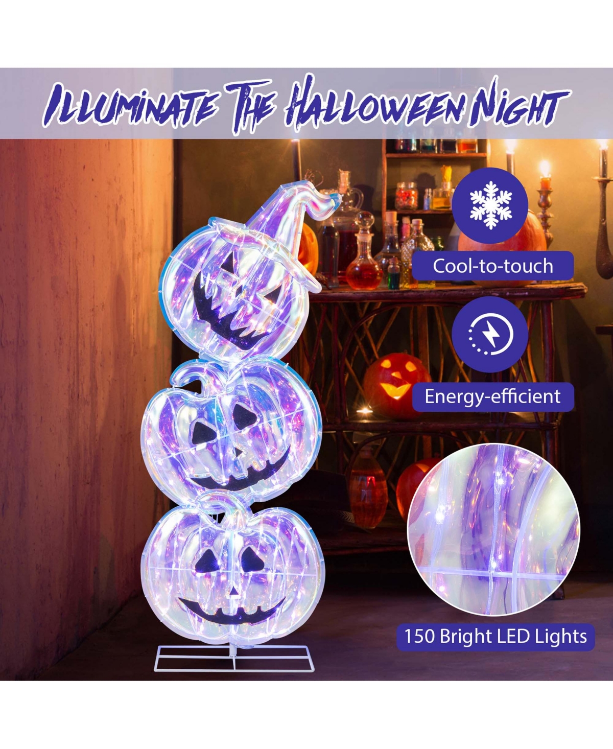 3.4 Ft Halloween Stacked Pumpkins 150 Led Lighted Pumpkin Decoration with Base Standing for Home Haunted House and Outdoors