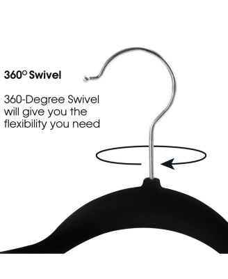 100 Piece Set of Velvet Slim Profile Heavy Duty Felt Hangers with Stainless Steel Swivel Hooks in Black