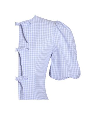 Women's Qusayla Baby Blue Gingham Bubble Sleeve Bowtie Top