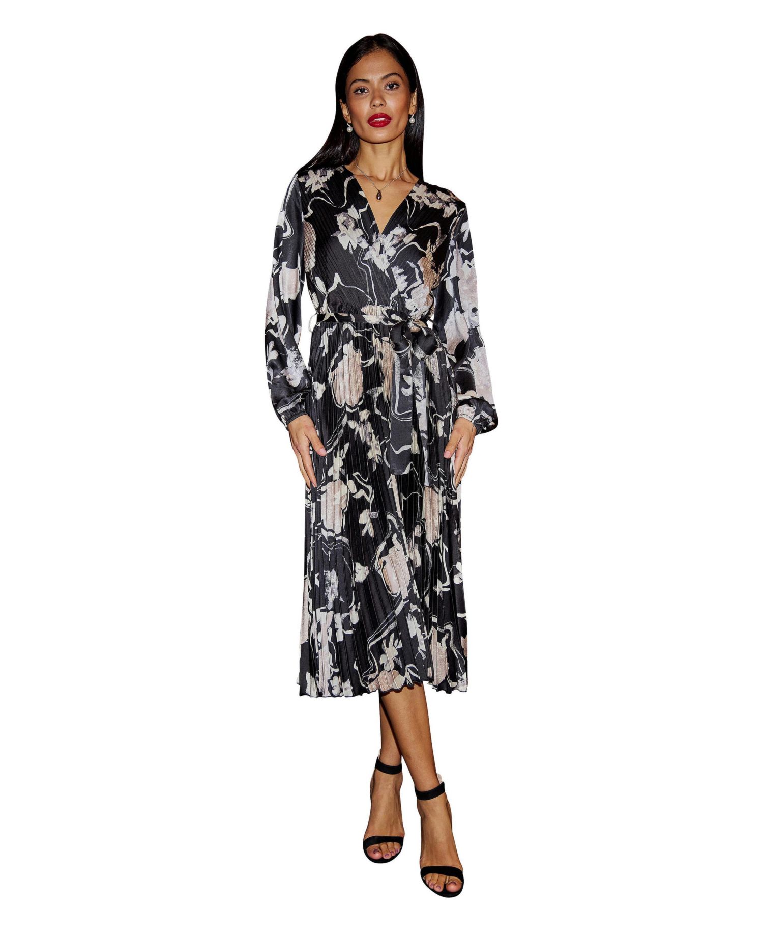 Women's Floral Satin Long Sleeve Midi Dress