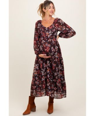 Maternity Brown Floral V-Neck Bubble Sleeve Maxi Dress
