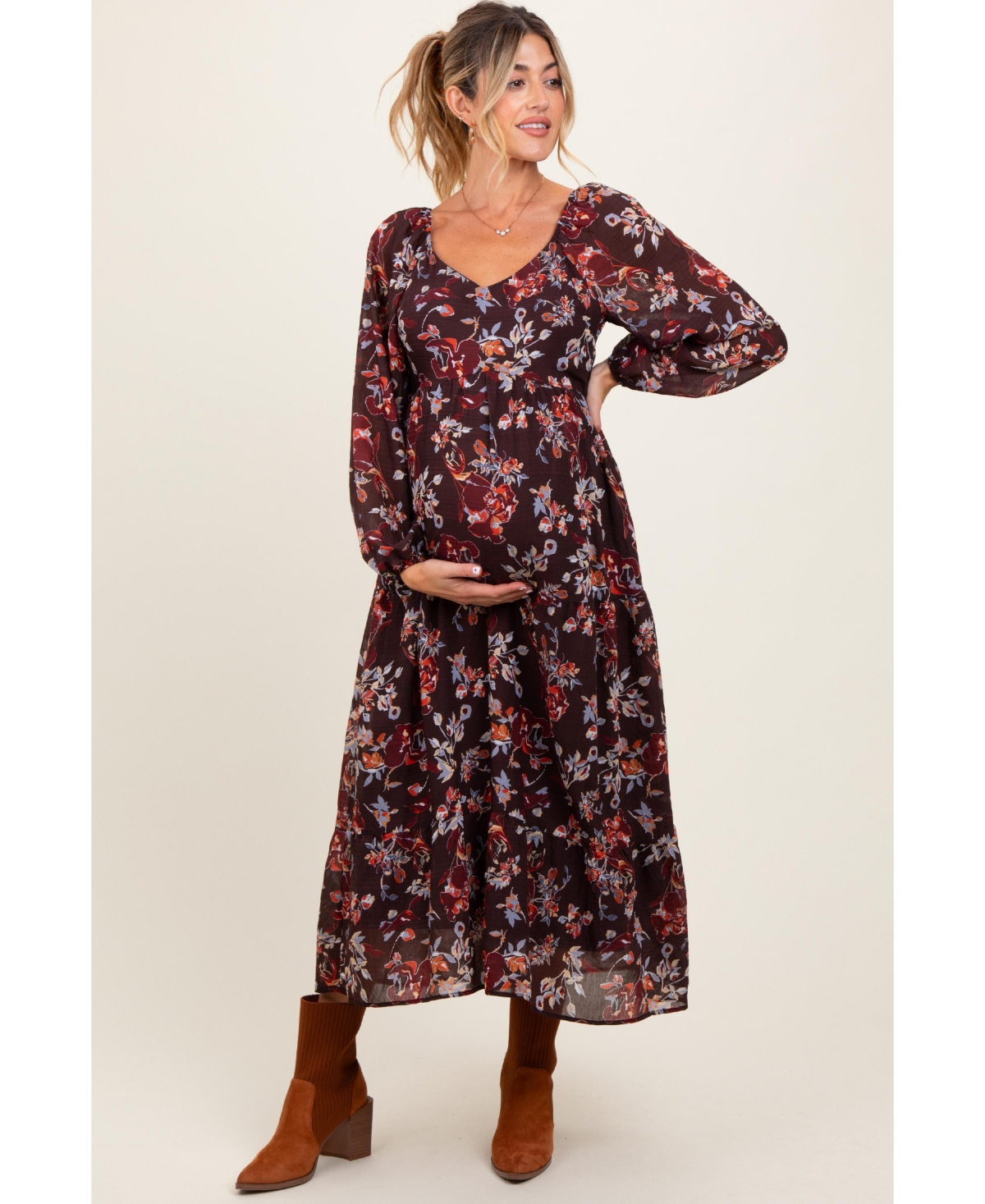Pinkblush Maternity Brown Floral V-Neck Bubble Sleeve Maxi Dress
