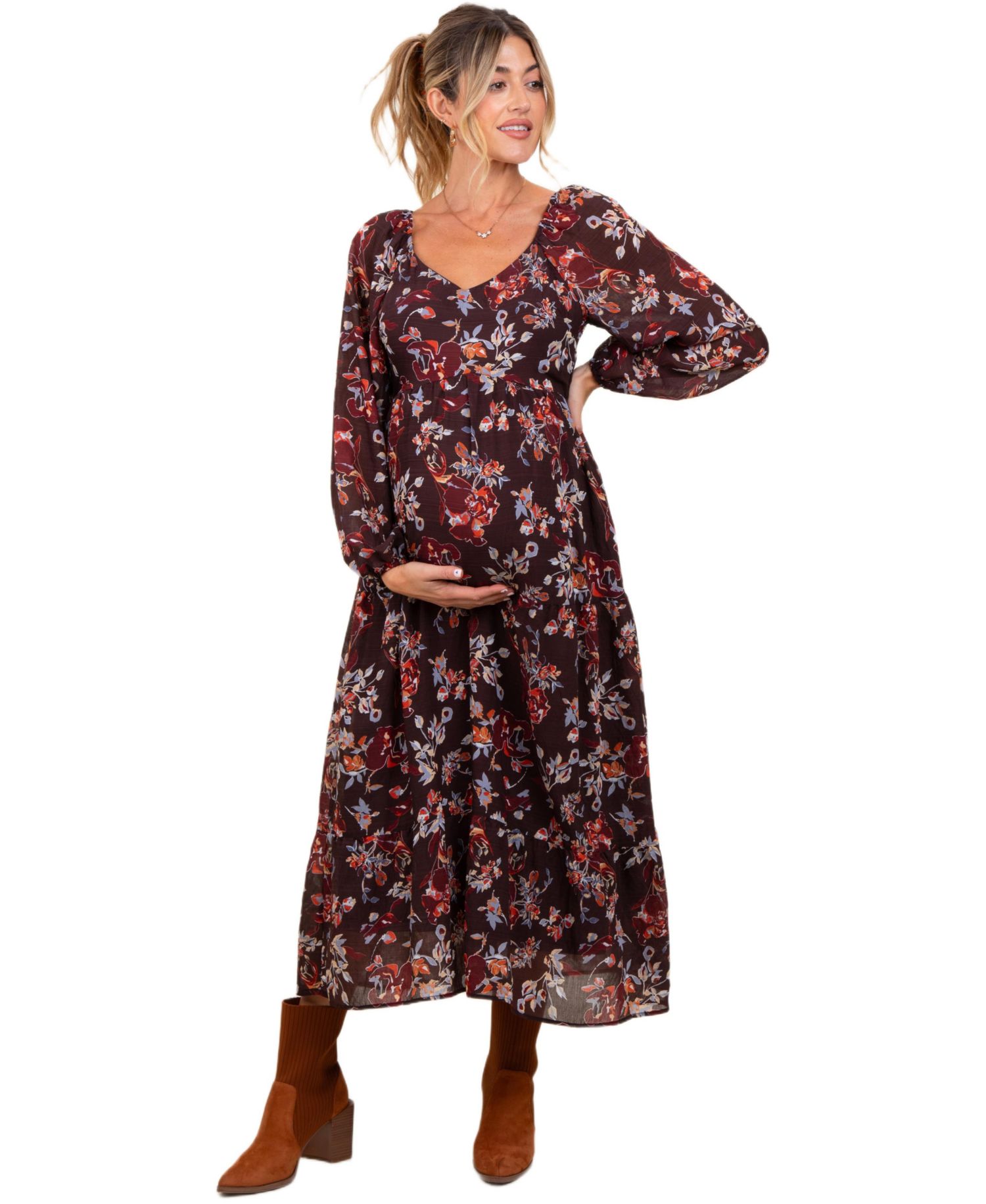 Women's Brown Floral V-Neck Bubble Sleeve Maxi Dress