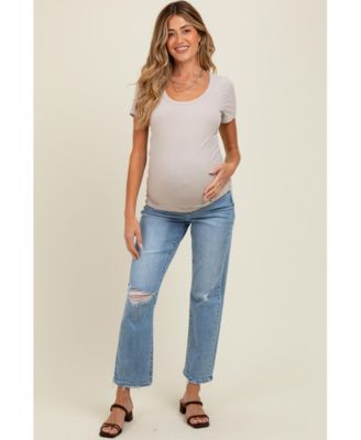Light Blue Distressed Open Knee Ankle Straight Leg Maternity Jeans