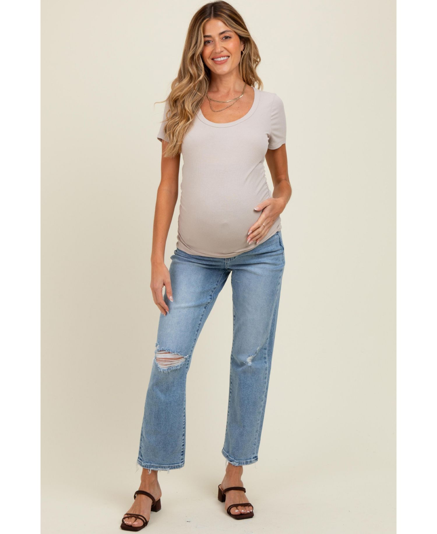 Women's Light Blue Distressed Open Knee Ankle Straight Leg Jeans