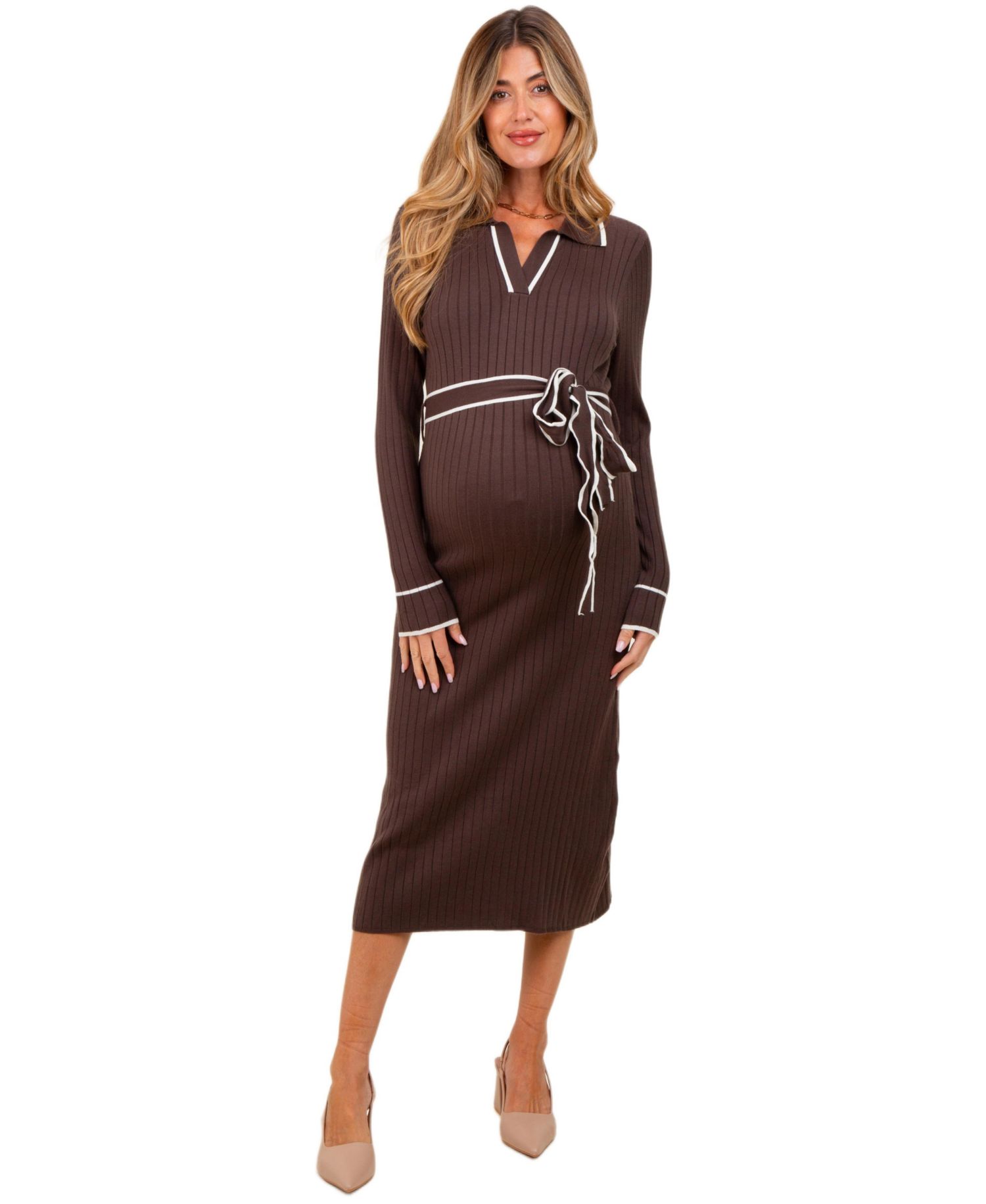 Women's Brown Soft Stretchy Rib Fitted Sweater Midi Dress