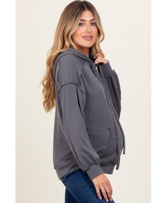 Maternity Charcoal Ribbed Front Pocket Drawstring Hoodie