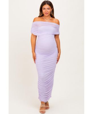 Maternity Lavender Ruched Mesh Foldover Off Shoulder Maxi Dress