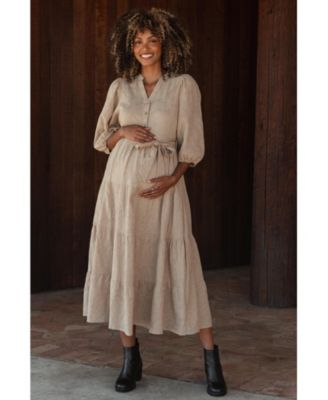 Maternity Taupe Floral Jacquard Button Front Tiered Dress