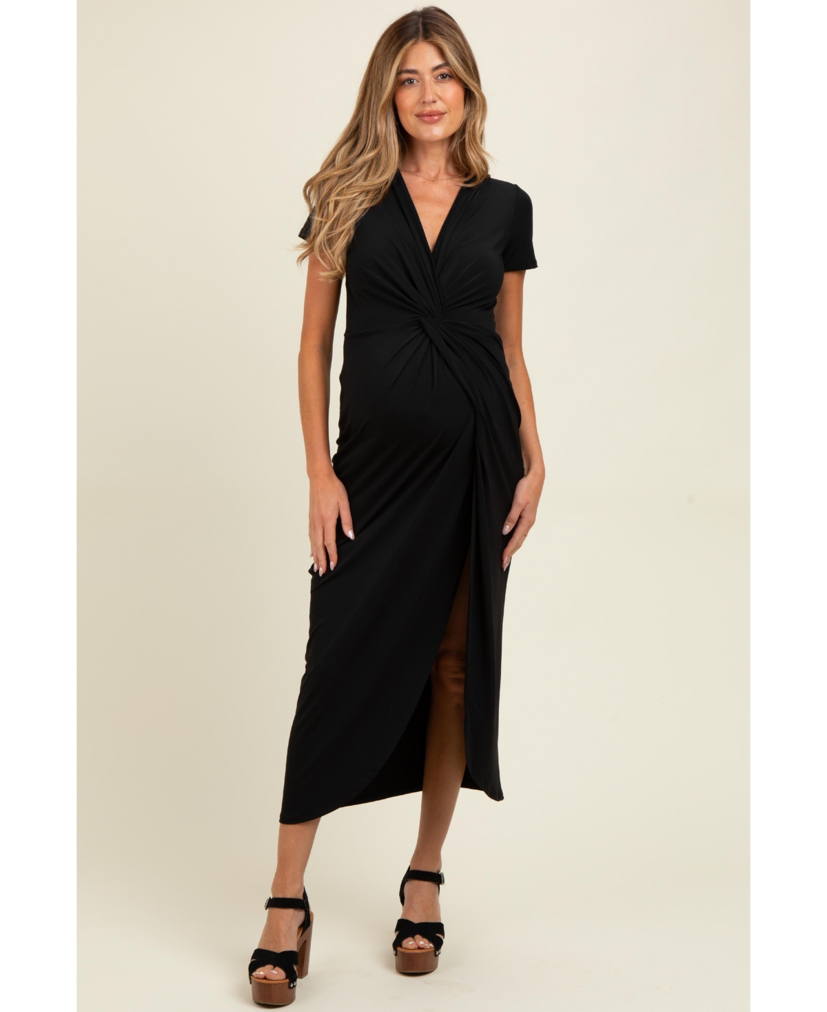 Pinkblush Maternity Black Gathered Front Short Sleeve Maxi Dress