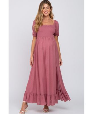 Maternity Mauve Swiss Dot Square Neck Smocked Maxi Dress
