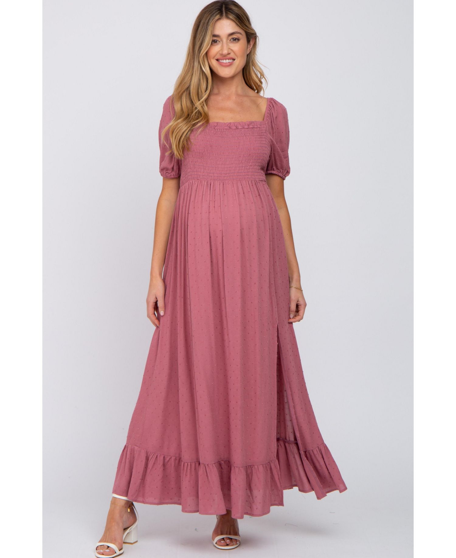 Women's Mauve Swiss Dot Square Neck Smocked Maxi Dress