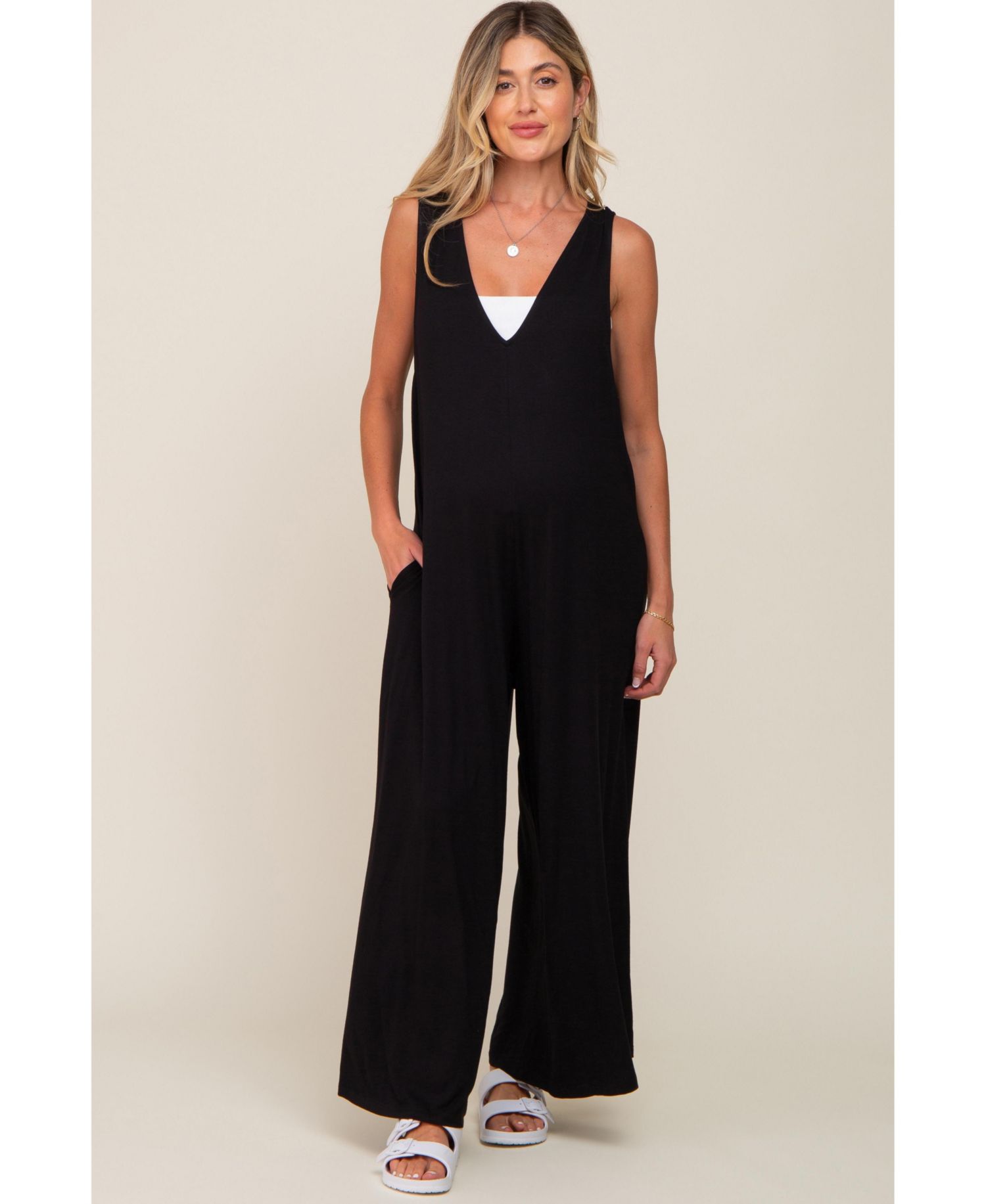 Women's Black Deep V Sleeveless Wide Leg Jumpsuit