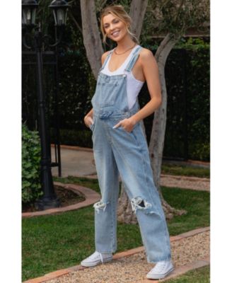 Maternity Light Wash Distressed Overalls