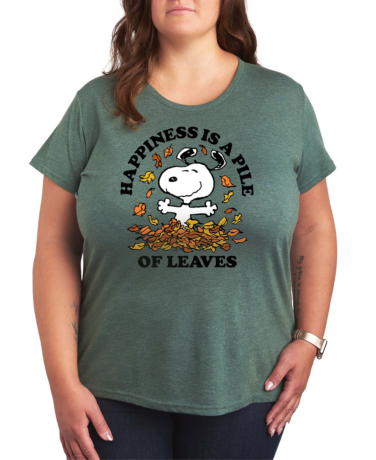 Hybrid Apparel Snoopy  Plus Sizehappiness Is A Pile Of Leaves Women's Short Sleeve Graphic T-shirts In Green