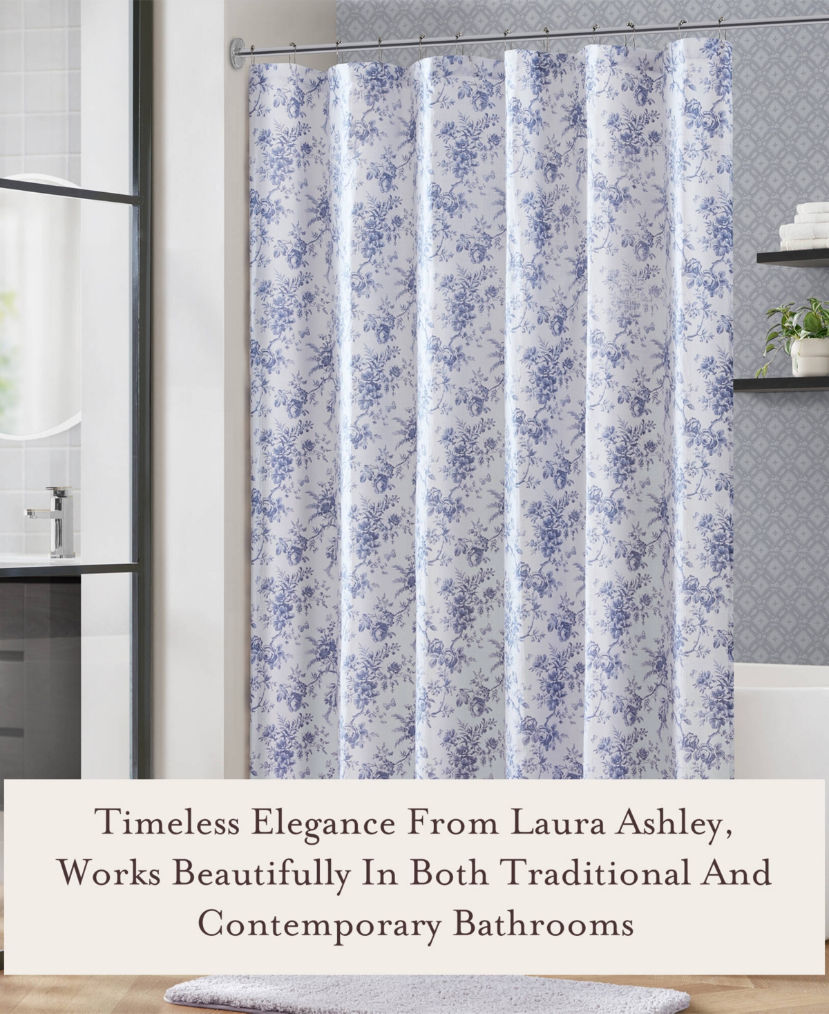Laura Ashley Walled Garden Tonal Floral Shower Curtain, 72" X 84" In Blue