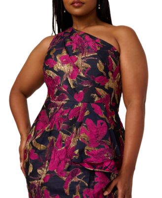 Plus Size Metallic Jacquard One-Shoulder Long Dress