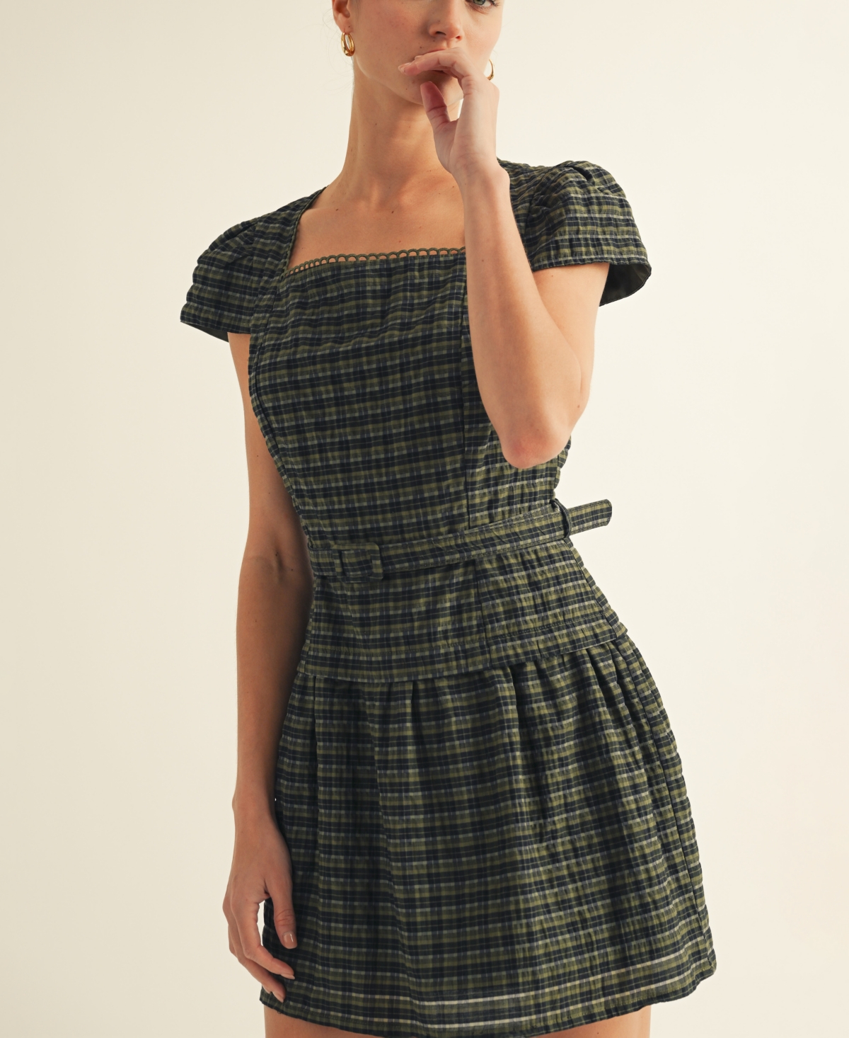 Arose Studio, Inc Women's Plaid Belted Mini Dress In Gray