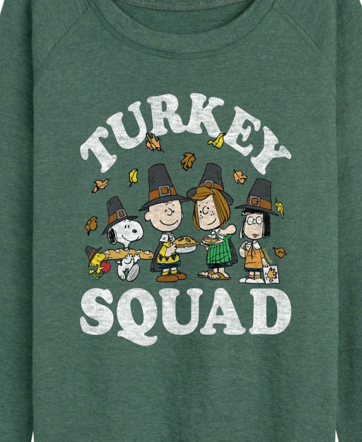 Hybrid Apparel Peanuts Gang Thanks Giving Turkey Squad Women's French Terry Long Sleeve Shirt In Green