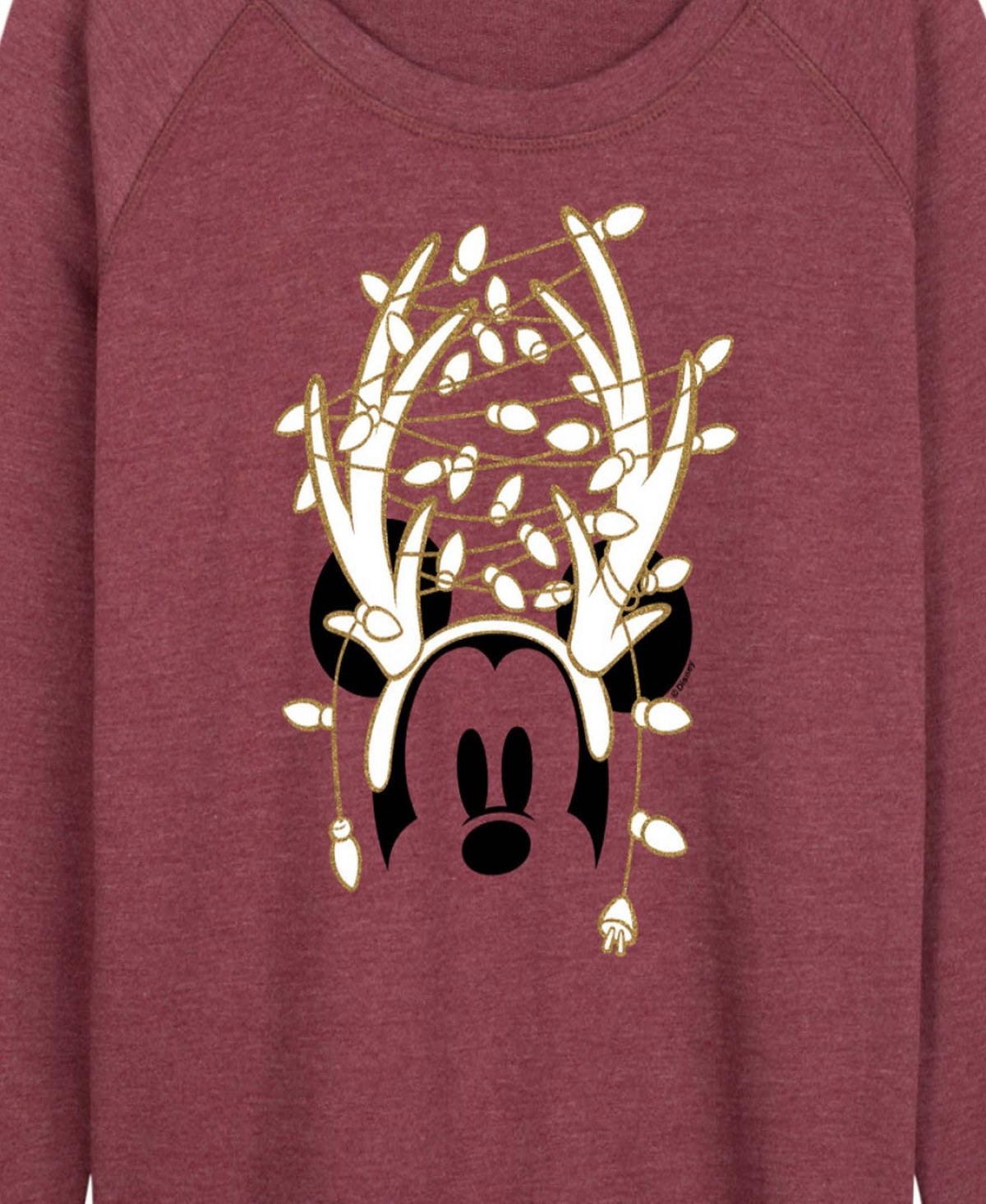 Hybrid Apparel Disney Mickey Mouse Antlers Ans Christmas Lights Women's French Terry Long Sleeve Shirt In Burgundy