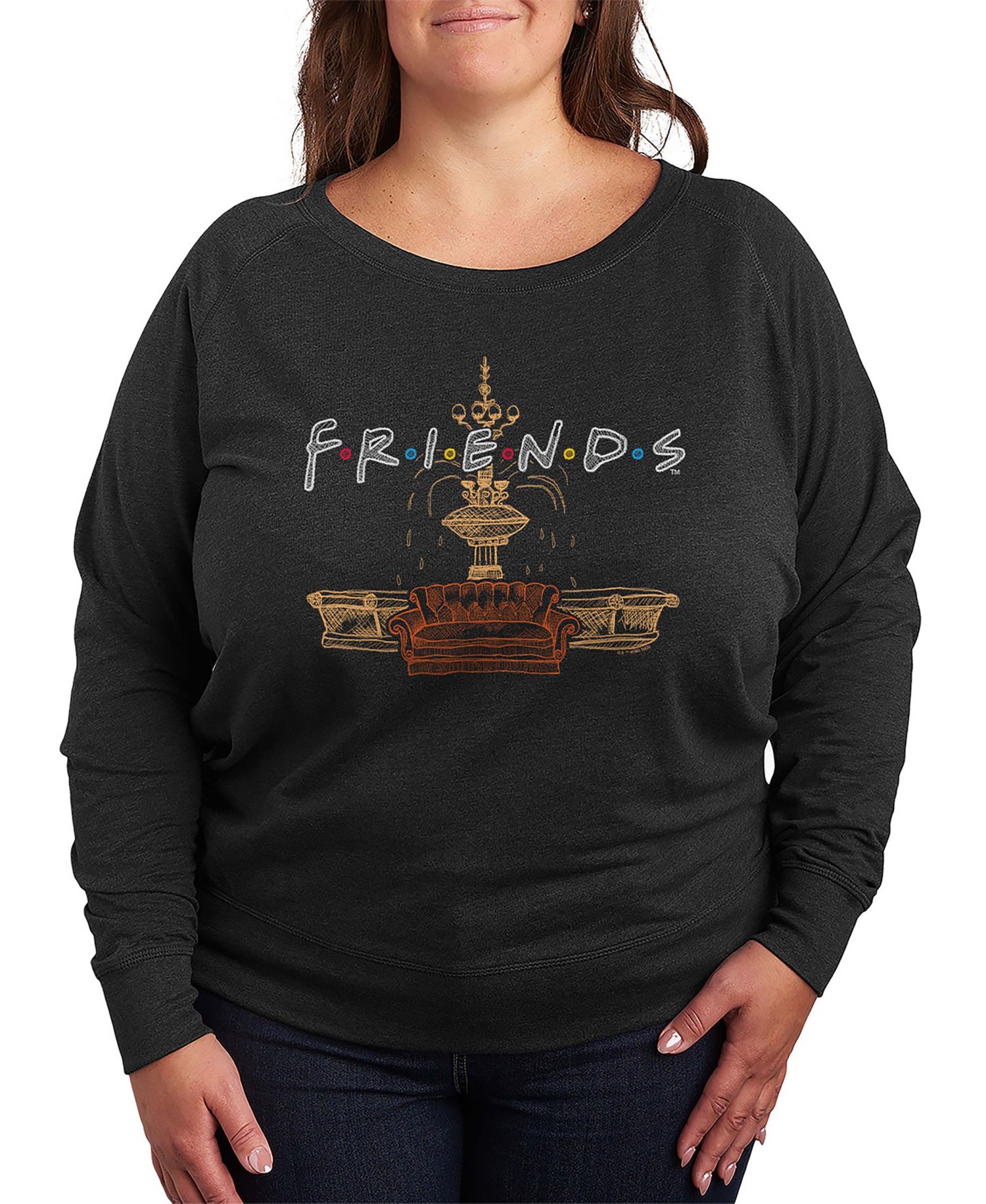 Plus Size Friends Logo Fountain and Couch French Terry Long Sleeve T-Shirt