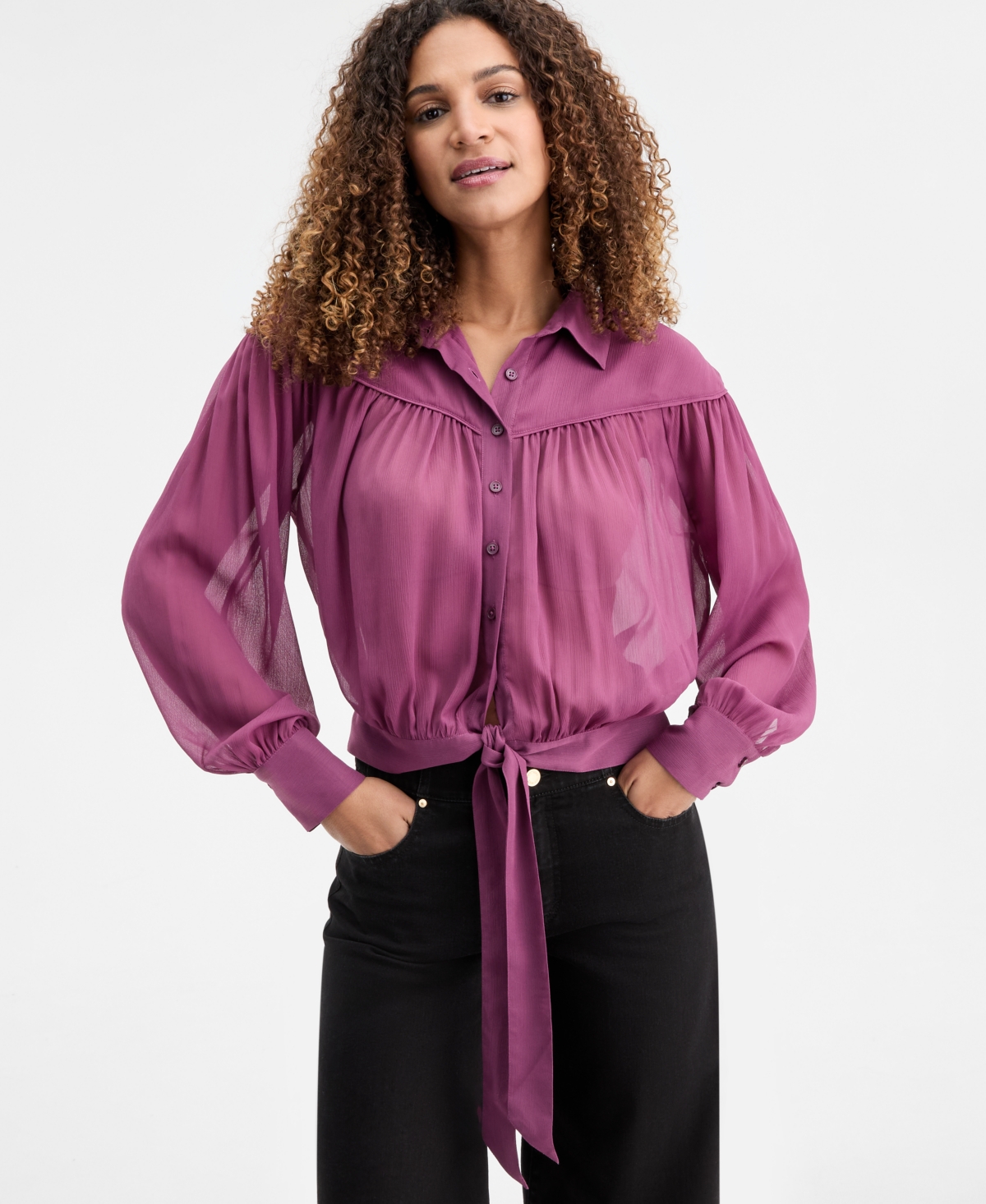 I.n.c. International Concepts Women's Crinkle Chiffon Tie-Hem Blouse, Macy's Exclusive