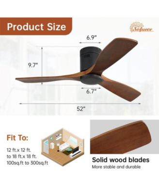52-inch Modern Black 3 Solid Wood Blade Ceiling Fan with 6-speed Remote Control and Forward Reverse Rotation Function for Indoor