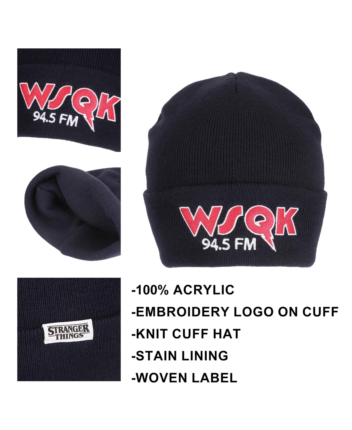Stranger Things Men's Wsqk Embroidery Navy Acrylic Yarn Standard Cuff Beanie