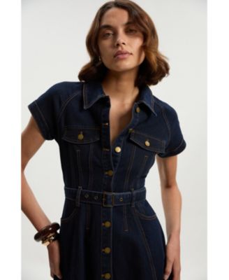 Women's Button Up Belted Denim Midi Dress