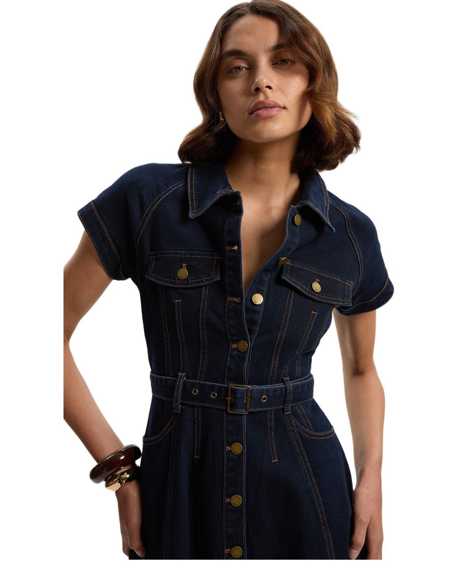 Women's Button Up Belted Denim Midi Dress