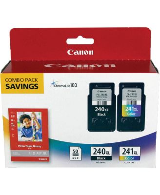 PG-240XL/CL-241XL Black & Color Ink Cartridges and GP-502 (4x6", 50 Sheets) Paper Set for Select PIXMA MG, MX, TS Series Printers