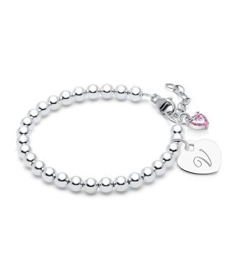 Tiny Blessings Children's Sterling Silver 4mm Beads & Engraved Initial Girls' 6.25" Bracelet - Silver - v